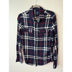George Mens Navy Blue Red White Plaid Button Down Shirt Small S